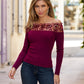 Sequin Lace Off the Shoulder Ribbed Sweater Burgundy