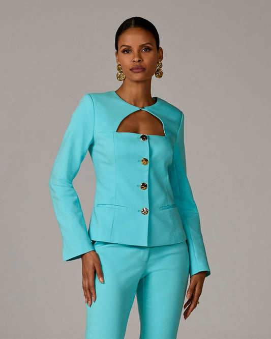 Modern Cutout Novelty Button Peplum Blazer Blue Radiance