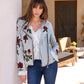 Floral Embroidered Studded Denim Moto Jacket Light Wash