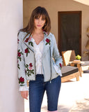 Floral Embroidered Studded Denim Moto Jacket Light Wash