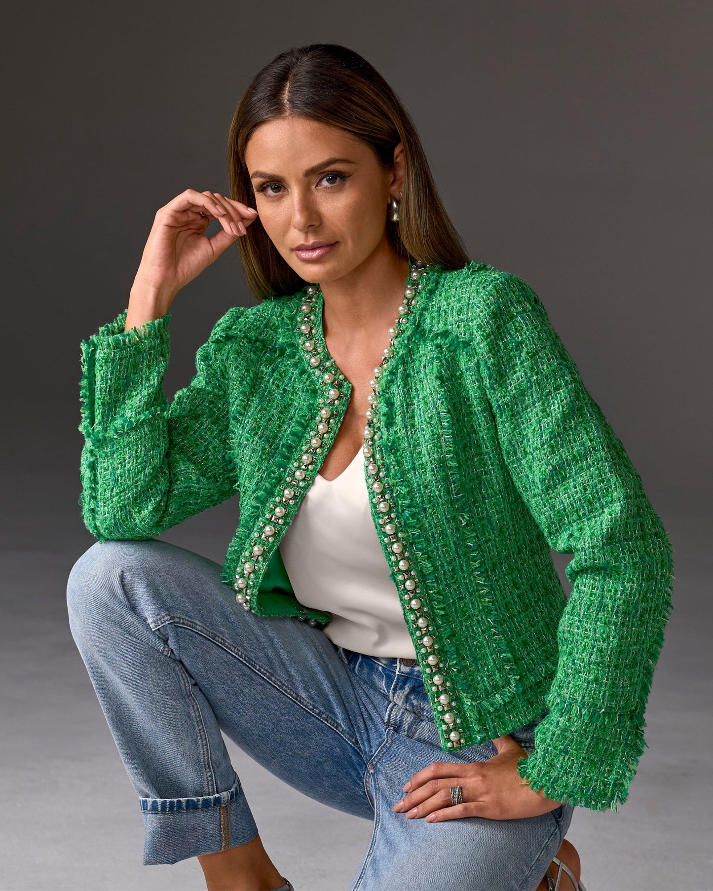 Pearl Trim Tweed Jacket Green
