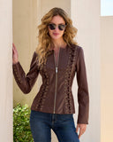 Faux Leather Lace Up Grommet Collarless Peplum Jacket Chocolate
