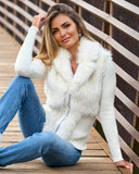 Metallic Faux Fur Zip Up Cardigan Off White