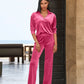 Chic Velour Collared V Neck Wide Leg Pant Set Pink