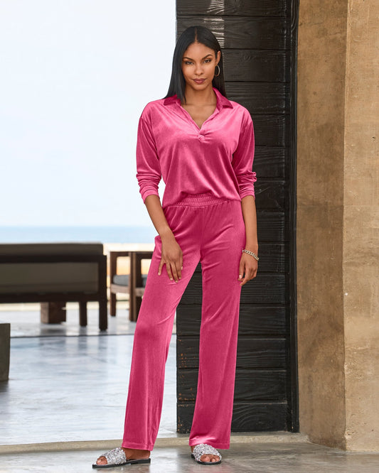 Chic Velour Collared V Neck Wide Leg Pant Set Pink