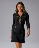 Chic Zip Printed Long Sleeve Dress Cheetah Spots