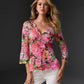 Printed V Neck Scallop Lace Top Pink Multi