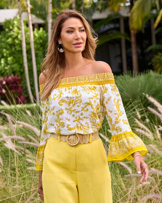 Off The Shoulder Linen Print Blouse Regal Tiles