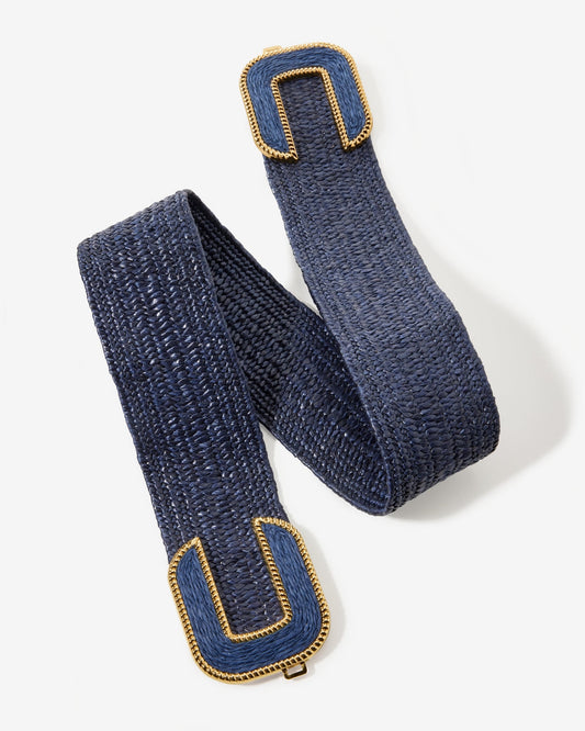 Gold Hardware Raffia Elastic Belt Navy