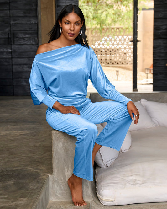Chic Velour Slouchy and Wide Leg Lounge Set Light Blue