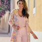 Pastel Embroidered Mesh Three Quarter Sleeve Hip Length Duster Pink Multi