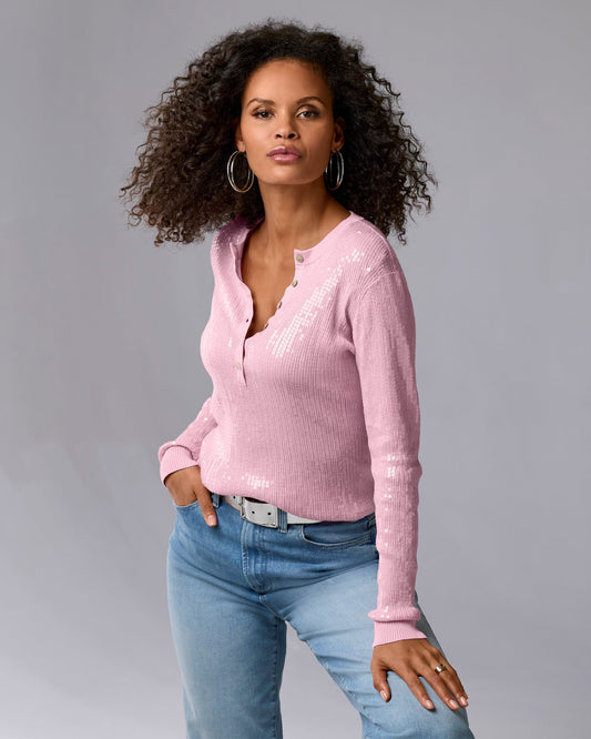 Henley Sequin Long Sleeve Sweater Roseate