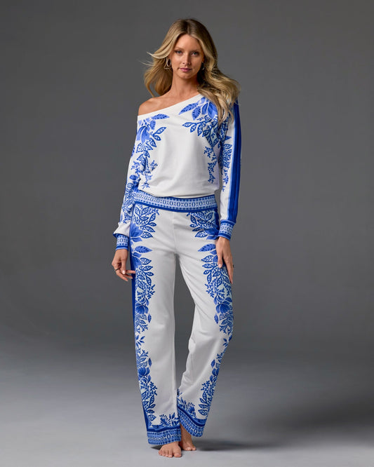Printed Slouchy Lounge Set Blue White