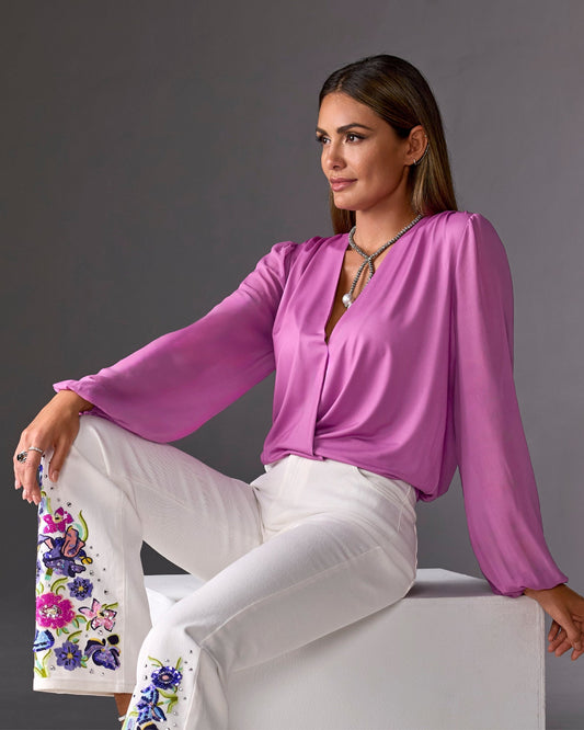 So Chic Chiffon Sleeve Surplice Top Bodacious