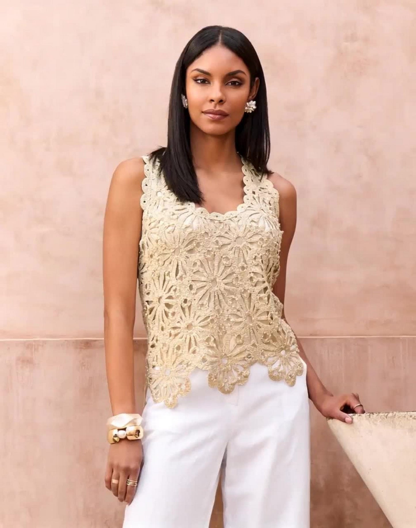 Crochet Pearl Embellished Sweater Tank Neutral