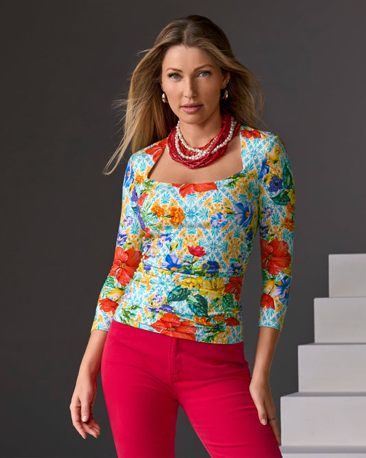 So Sexy Ruched Three Quarter Sleeve Print Top Amalfi Tiles