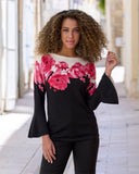 Floral Boatneck Flare Sleeve Sweater Pink