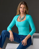 So Sexy Ruched 3/4 Sleeve Scoop Neck Top Blue Radiance