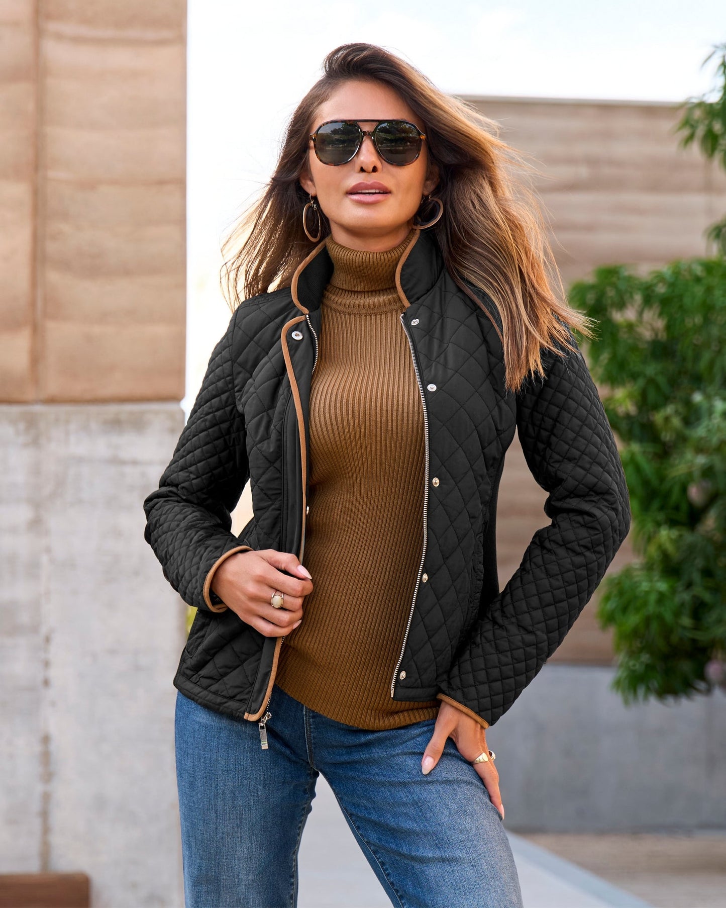 Light Weight Sweater Inset Quilted Puffer Jacket Black