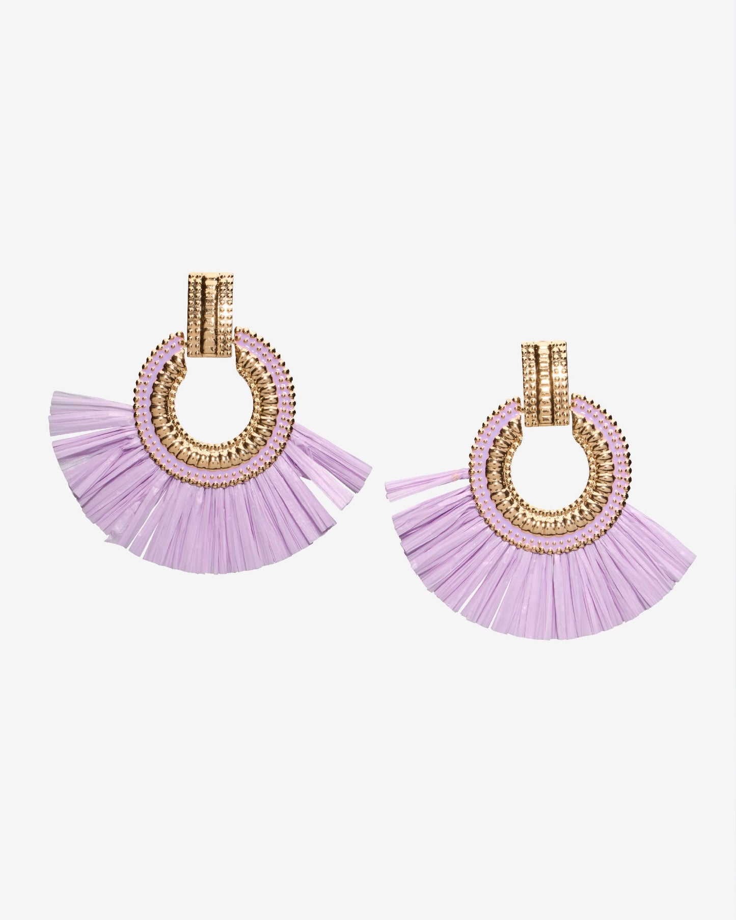 Gold and Raffia Fringe Earring Purple