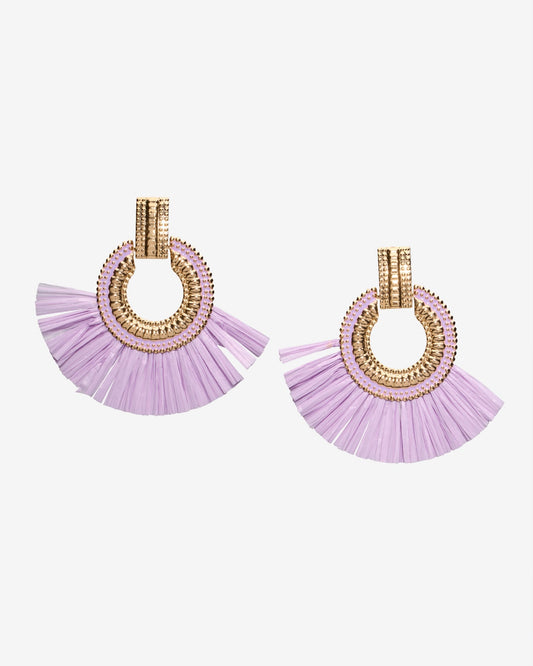 Gold and Raffia Fringe Earring Purple