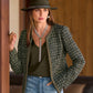 Gold Trim Collarless Tweed Jacket Olive Multi