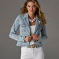 Modern Length Crest Button Luxe Denim Jacket Light Wash