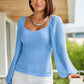 Pleated-Sleeve Lace Knit Top Airy Blue