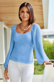 Pleated-Sleeve Lace Knit Top Airy Blue