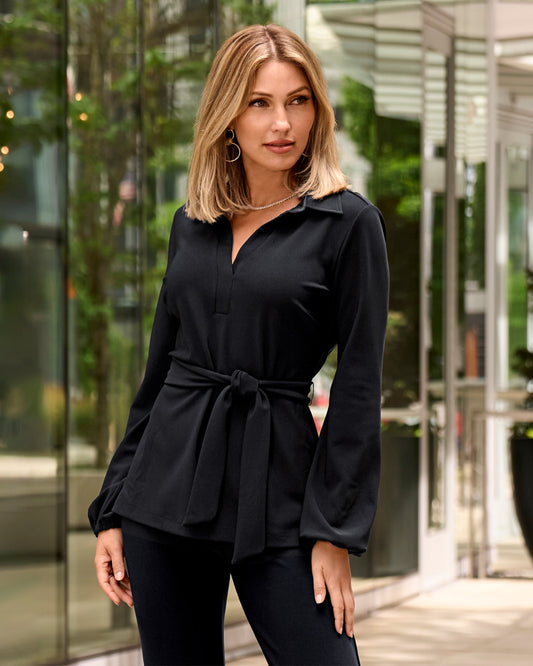 Beyond Travel Tie Waist Tunic Top Jet Black