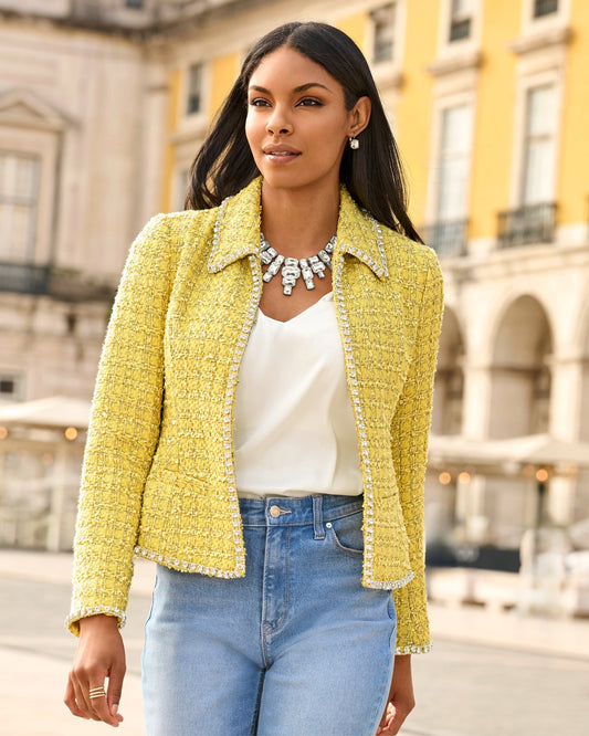 Crystal Trim Tweed Jacket Yellow