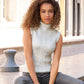 Foil Cable Sleeveless Mock Neck Sweater Off White Silver