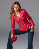 Genuine Leather Double Breasted Peplum Jacket Rose Red