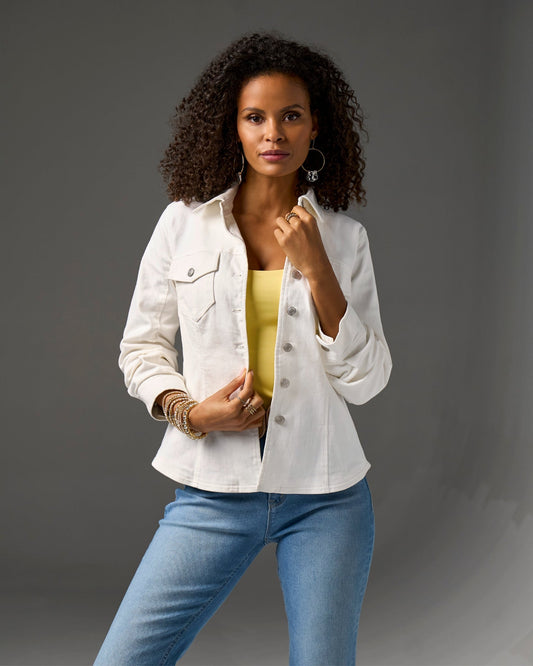 Ruched Sleeve Shaped Denim Jacket White
