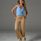 Faux Suede Patch Pocket Wide Leg Ankle Pant Tan