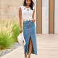Front Slit Heat Set Midi Denim Skirt Light Med Wash