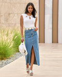 Front Slit Heat Set Midi Denim Skirt Light Med Wash