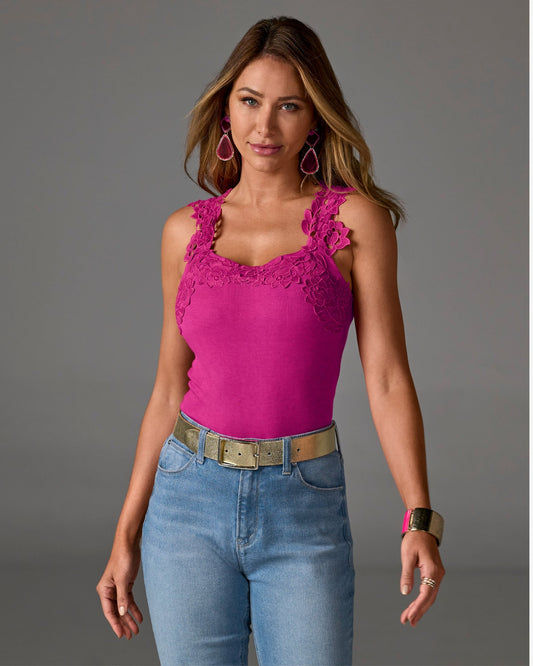 Ribbed Lace Applique Knit Tank Raspberry Rose