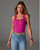 Ribbed Lace Applique Knit Tank Raspberry Rose