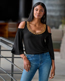 So Chic Cold Shoulder Heat Seal Chain Blouson Top Black