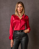 Sophia Button-Up Charmeuse Blouse Tomato Red