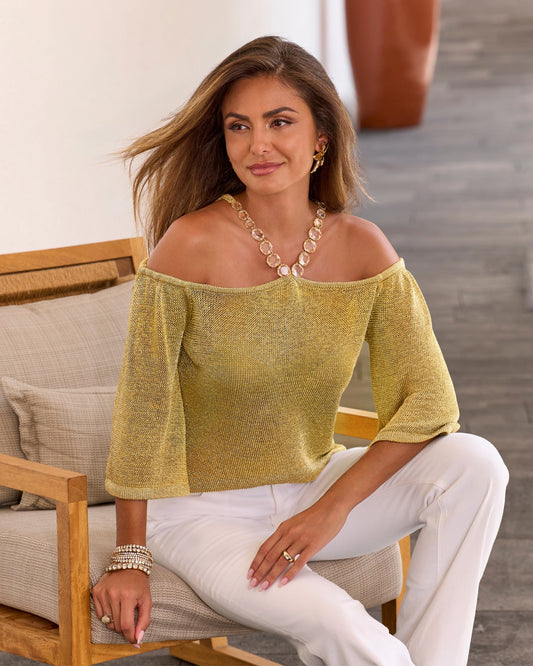 Metallic Cold Shoulder Embellished Sweater Gold