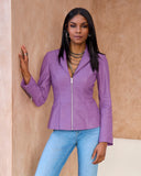Genuine Leather Zip Collared Peplum Jacket Iris Orchid