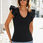 Ruffle Poplin V Neck Top Black