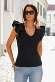 Ruffle Poplin V Neck Top Black