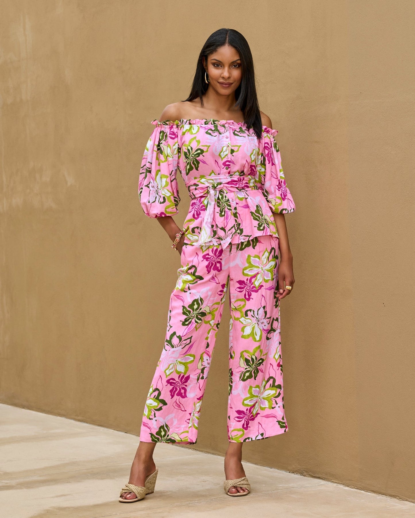 Malibu Linen Cropped Print Pant Painted Poppies