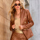 Faux Leather Croc Double Breasted Blazer Cognac