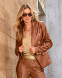 Faux Leather Croc Double Breasted Blazer Cognac