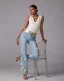 Monterey 3D Floral Pearl Embellished Jean Light Wash