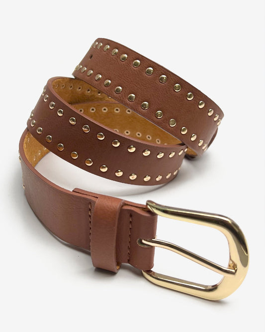Gold Border Studded Belt Cognac Leather